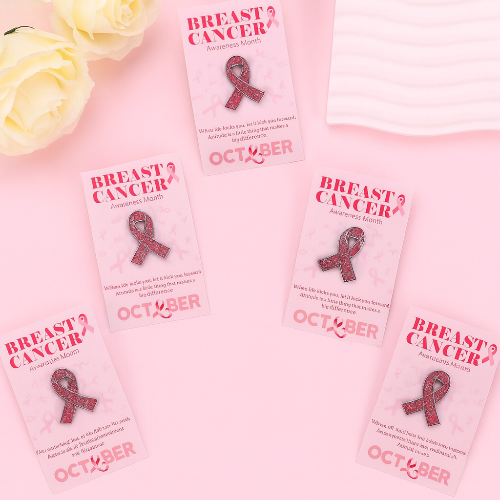 Breast Cancer Awareness Pink Ribbon Pin with Motivational Card